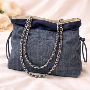 Authentic Chanel Denim Drawstring CC Chain Tote Bag Blue Quilted Shoulder Bag